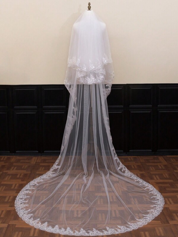 1pc Long Bridal Veil With Double Layer, Sequin Lace Bride Veil, Wedding Dress Accessory