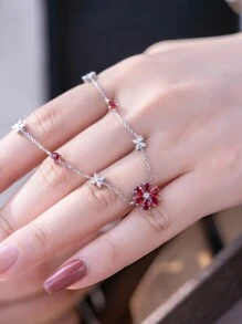 1 件 925 纯银复古风格红色锆石 6 瓣花吊坠项链，适合女性的优雅礼物珠宝，适合日常佩戴、派对和节日 - 銀色 - 查看 4