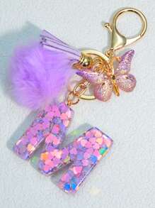 1pc Resin Letter Key Chain, Fashionable Women Handbag Heart Keyring Holder Butterfly Tassel Decor Valentine's Day Car Accessories Bag Charm Backpack For School Cute Goth Y2k Halloween Accessories Teachers Day Christmas Gift Ideas Bag Lanyards With Id Holder Car Accessories Bag Charms Car Friend Sister Gifts For Mother, Father, Graduation, And Teacher - Purple - View 9
