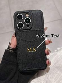 1pc Customized Korean Style Litchi Texture Card Holder Leather Phone Case, Personalized Letter Name, Solid Color Retro Premium Couple Phone Case - Red - View 6