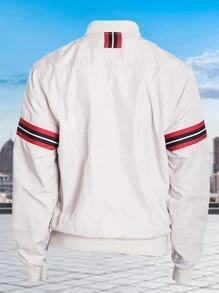 Men Solid Bomber Jacket Striped Tape Slant Pockets Zipper Jacket Zip Up - 米色 - 查看 3