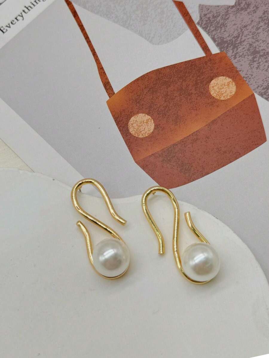 Women's Earring Line Design With Pearl Vintage Luxury Elegant Fashion - 金色 - 查看 1
