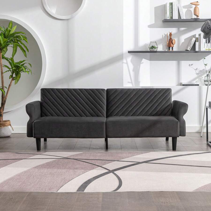 78 Inch Modern Velvet Fabric 3-Seat Apartment Couches,Convertible Folding Sofa Bed, Futon Couch With Ajustable Armrest For Living Room - 深灰色 - 查看 1