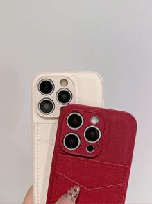 1pc Customized Korean Style Litchi Texture Card Holder Leather Phone Case, Personalized Letter Name, Solid Color Retro Premium Couple Phone Case - Red - View 7