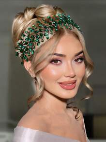 Luxury Rhinestone Headband, Emerald Green Elegant Floral Wreath Bohemian Fully Rhinestone Bridal Headpiece HP799 - Silver - View 8
