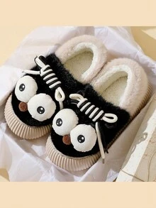 1 双包趾拖鞋，秋冬季保暖室内鞋，女士卡通大眼毛绒平底防水防滑柔软舒适家居拖鞋 - 黑色 - 查看 1