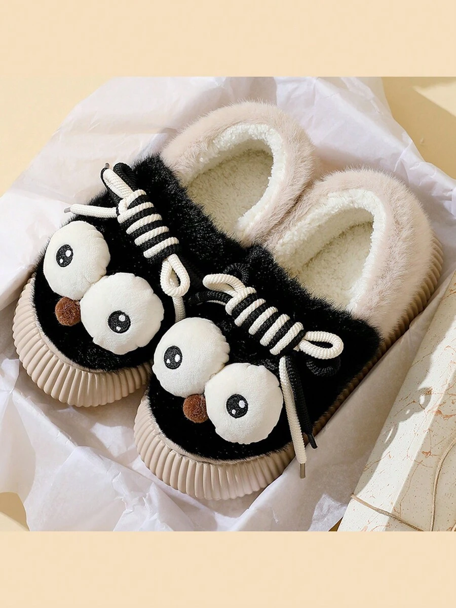 1 双包趾拖鞋，秋冬季保暖室内鞋，女士卡通大眼毛绒平底防水防滑柔软舒适家居拖鞋 - 黑色 - 查看 1