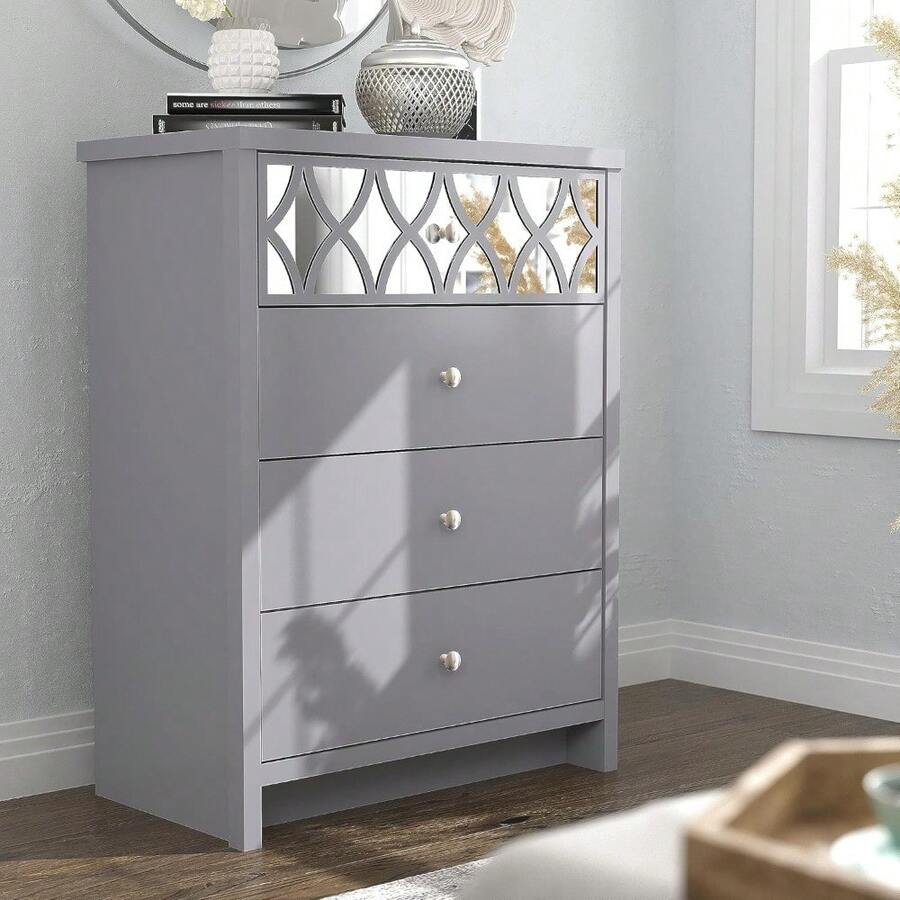 Iris 4 Drawer Chest - Modern Cabinet With 1 Mirrored Drawers - Organizers And Storage For Bedroom – Console For Entryway - Hallway Or Living Room - Grey, - Grey - View 1