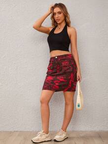 Women's Fashionable Casual Vintage Tie-Dye Print Denim Skirt