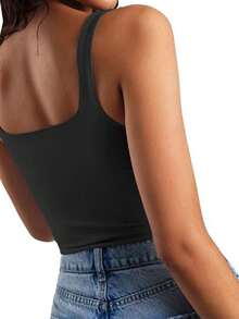Huskary Women's Sexy Crew Neck Double Lined Seamless Sleeveless Cropped Tank Yoga Crop Basic Tops - 黑色 - 查看 2