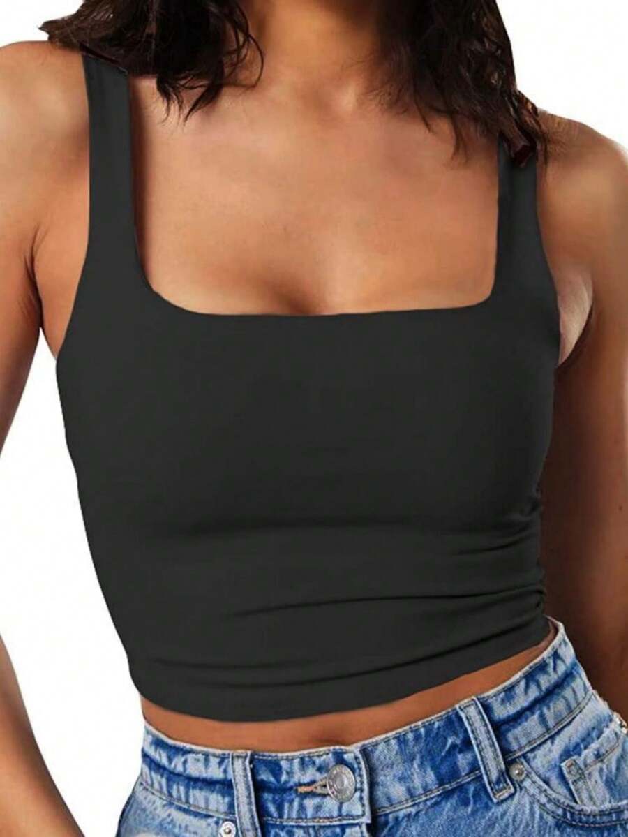 Huskary Women's Sexy Crew Neck Double Lined Seamless Sleeveless Cropped Tank Yoga Crop Basic Tops - 黑色 - 查看 1
