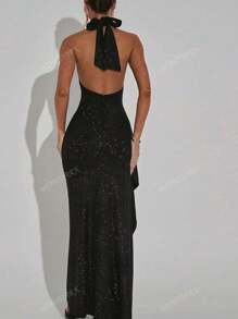 Wowdark Women's Autumn Sparkly Halter Backless Split Hem Party Dress