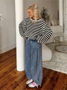 FOR BEAUTY Spring And Autumn New Round Neck Striped Color Blocking Lantern Sleeve Sweater Women Loose Fashion Long Sleeve Jumpers For Women Sweater Knit Christmas Top New Year