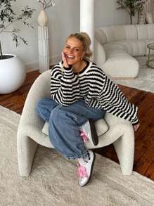 FOR BEAUTY Spring And Autumn New Round Neck Striped Color Blocking Lantern Sleeve Sweater Women Loose Fashion Long Sleeve Jumpers For Women Sweater Knit Christmas Top New Year