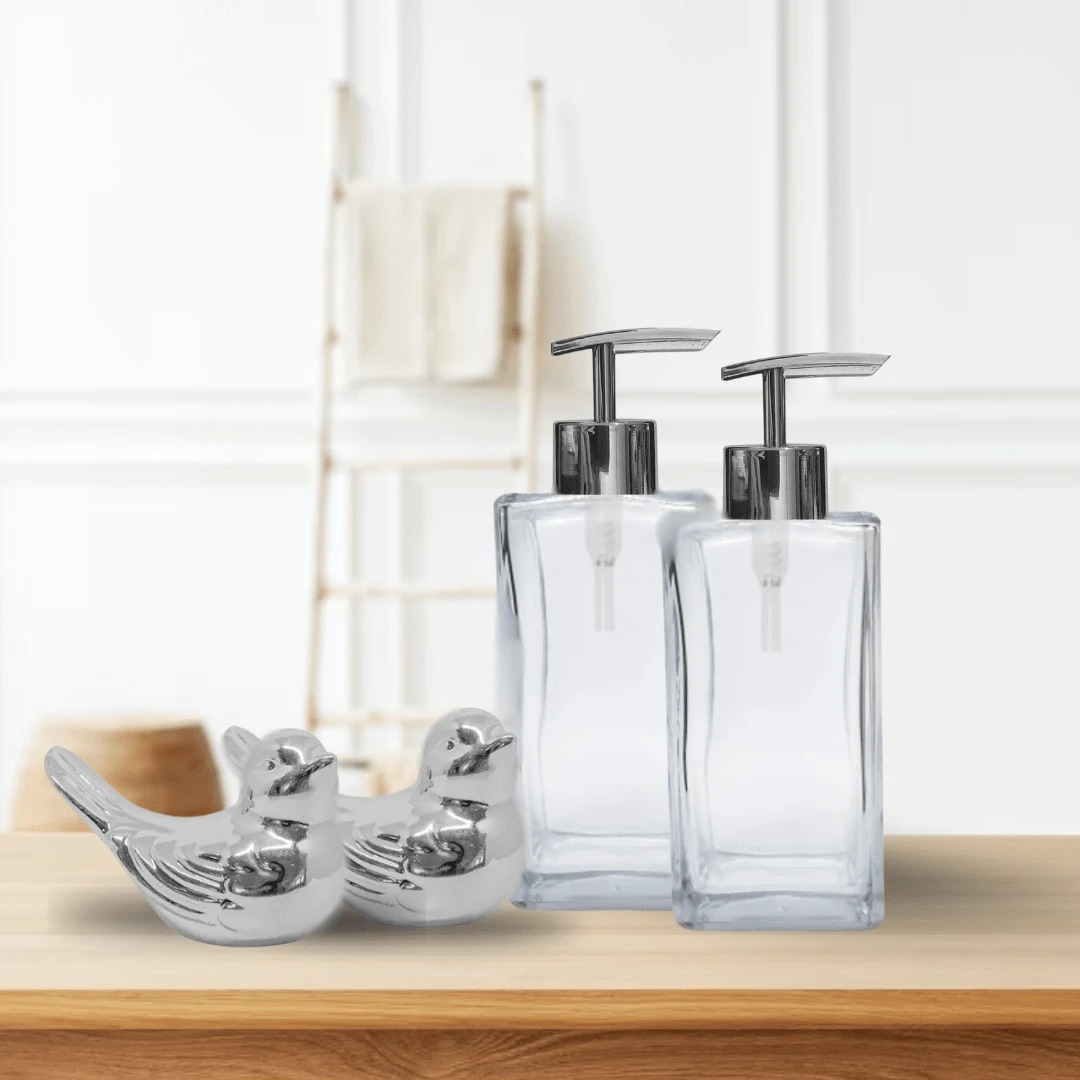 02 Square Glass Soap Dish 250ml With Pump Prime Valve Silver