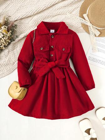 Girls' Solid Color Single-Breasted Half-Cardigan Collar Shirt Dress, Fashion Formal Dress Suitable For Spring, Summer, Autumn And Winter