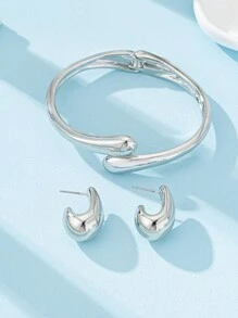 3 pièces/set Ensemble de bijoux mode minimaliste en métal, avec bracelet, bague et boucles d'oreilles clous à forme géométrique lisse en larme
