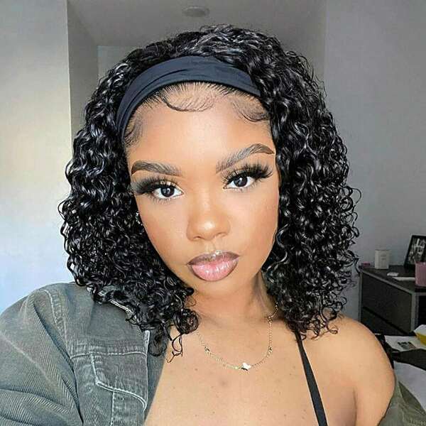 Headband Wig Human Hair Deep Wave Curly Headband Wig None Lace Front Wigs Human Hair Glueless Curly Headband Half Wigs For Women 200% Density Natural Color