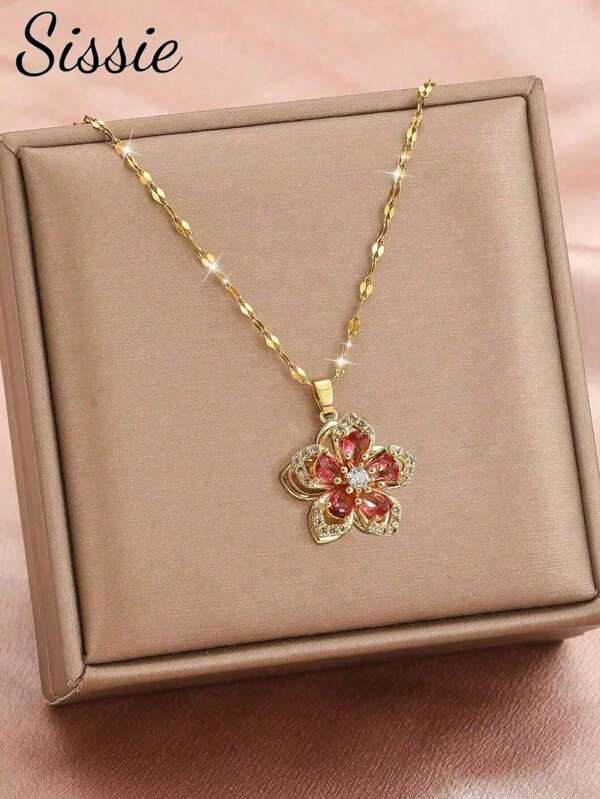 1pc Stainless Steel Rotating Five-Petal Flower Pendant Necklace Suitable For Girls Kids Family Friends Summer Delicate Fashion Beach Party Vacation Jewelry Accessory For Birthday Gift