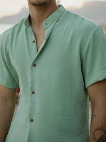 Men's Short Sleeve Shirt With Priest Collar Premium Quality Light And Fresh Fabric Easy To Iron - 綠色 - 查看 4