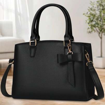 女士钱包皮革顶部提手手提包防水斜挎包女士工作手提包带可拆卸蝴蝶结