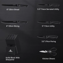 Set di coltelli con blocco, 10 pezzi, con affilatore integrato, per uso in cucina - Set di coltelli da cucina nero ACOQOOS