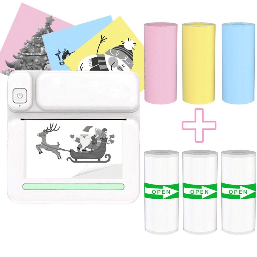 Portable Inkless Mini Printer, Wireless Mini Printer With 6 Paper Rolls (3 White Sticker + 3 Color Thermal Paper) For Printing Photos, Lists, Memos, QR Codes, Notes, Pocket Inkless Printer Compatible With Android And IOS - One Size - View 1
