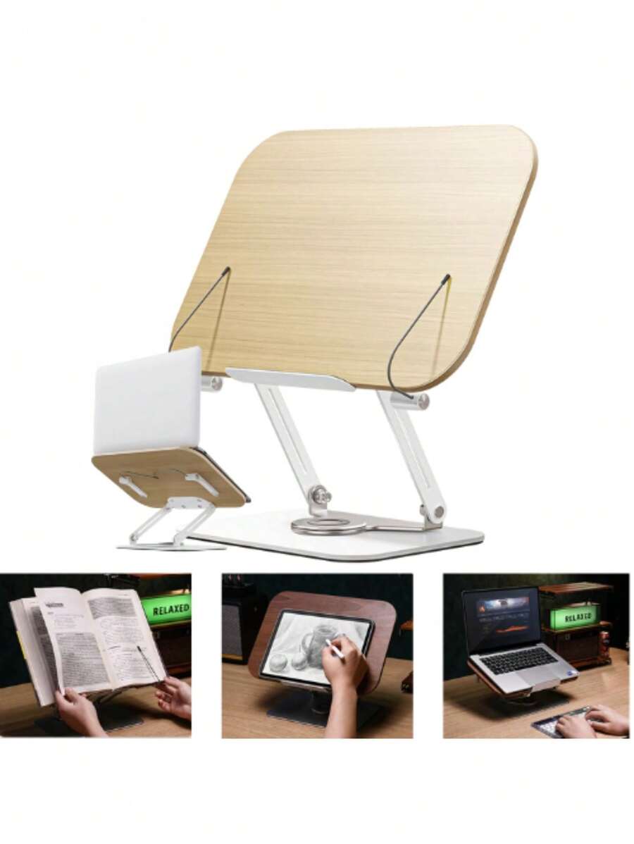 Suporte De Notebook De Madeira Multifuncional Tablet Giro 360 Suporte Ajustável Ideal Para Ecritório Estudo Casa Jogos - Madeira - Visão 1