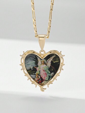  1 件时尚欧美风格 14K 金铜方晶锆石 3D 珐琅圣母心形吊坠项链，适合作为情侣、朋友、舞会、日常和节日礼物，情人节、妈妈、母亲、母亲节、礼物