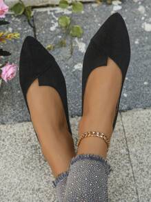 出口大码35-45女士尖头低帮黑色平底鞋，新款秋季户外日常穿着乐福鞋，棕色绒面软底工作/驾驶/一脚蹬平底鞋 - 黑色 - 查看 6