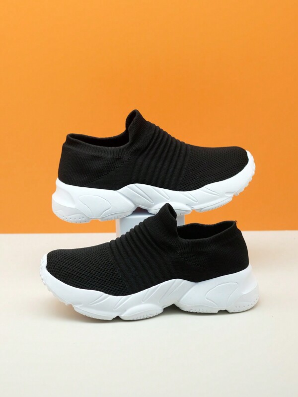 Kids' Black & White Knit Slip-On Sport Casual Shoes, Lightweight Breathable Tennis Shoes, Comfortable Athleisure Sneakers With Height Increase