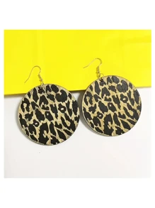 1 Pair Women Fashion Exaggerated Plus Size Leopard Print Wooden Pendant Earrings