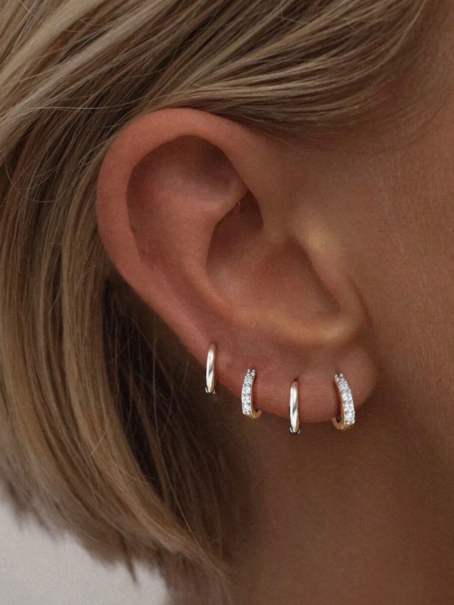 Bộ 4 khuyên tai tròn Zirconia nhiều kích cỡ thời trang, tối giản và thanh lịch dành cho phụ nữ, thích hợp cho các buổi hẹn hò, tiệc tùng, đeo hàng ngày - Bạc - Xem 1