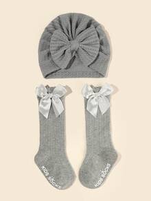 2 件套新生儿蝴蝶结帽和袜子套装，1-6 个月，四季可爱提花帽 - 彩色 - 查看 4