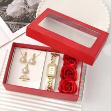 5pcs/Set Mother's Day Rose Watch, Teardrop Necklace, Earrings, Rhinestone Ring Jewelry Gift Set - Red - View 2