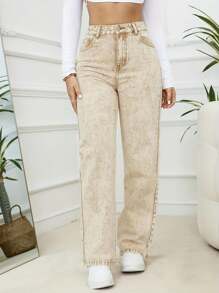 Damskie jeansy casualowe z nadrukiem tie-dye i luźnymi prostymi nogawkami