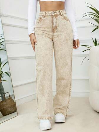 Jeans feminino casual com estampa tie-dye e perna reta solta