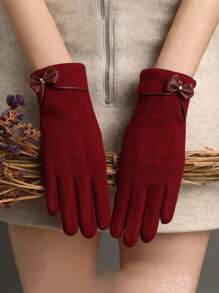 1 para jednokolorowych rękawiczek dekoracyjnych z kokardą Stylowe ciepłe rękawiczki z polaru do ekranów dotykowych Zimowe rękawiczki do jazdy na zewnątrz odporne na zimno
