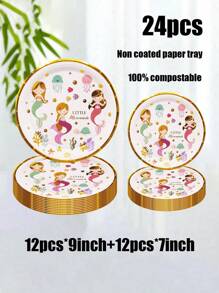 Bộ 24 món, Khay giấy dùng một lần, Khay giấy chủ đề nàng tiên cá dập nóng, Khay giấy 7 inch, Bìa cứng 9 inch, Khay tiệc dùng một lần, Vật liệu, Phụ kiện tiệc, Đồ dùng tiệc, Khay đựng đồ ăn tiệc - Nhiều màu - Xem 11