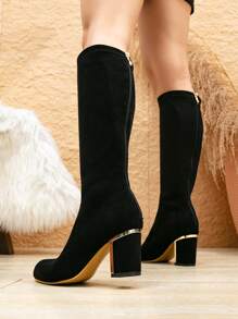 Fall/Winter Women's Black Faux Suede Fleece Elastic Chunky Heel Thigh High Boots, Slip-On Sock Style Classic Tall Boots With High Heels, Fashion