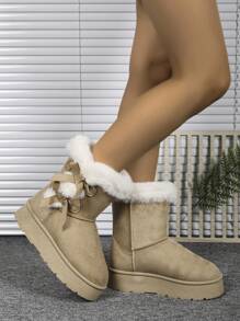 Women's Fashion Thick Sole Versatile Non-Slip Snow Boots, Thermal Lined Warm Casual Platform Leather Boots, Warm Soft One-Push Bow Design Winter Boots - Apricot - View 4