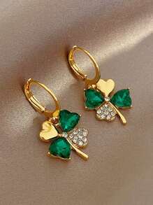 1pair Fashionable Stainless Steel Rhinestone Decor Four-leaf Clover Drop Earrings For Women For Daily Decoration