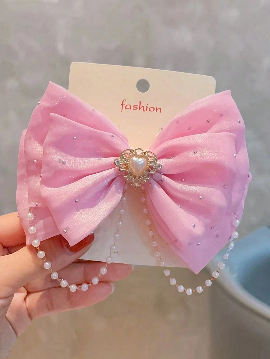 1pc Fashion Girls Pearl & Rhinestone Bowknot Hair Clip, Without Card Packaging - Pink - View 1