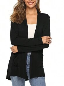 Women Long Sleeve Knitted Tops Front Open Loose Casual Knitwear Cardigan Shirts Blouse With Pockets - Black - View 2