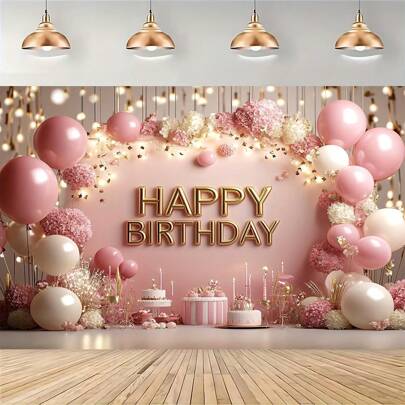 1pc Birthday Party Backdrop Decorative Banner, Pink And Gold Balloon Theme Design, For Birthday, Studio Photo Shooting And Multipurpose Spring/Summer Hanging Decor - No Power Required, Home Decor, Party Decorations, Birthday Cake Table Supplies, Poster Hanging Banner, Vinyl Decoration, Photo Studio Props, 150cm/59in*100cm/39in, 210cm/82.6in*150cm/59in
