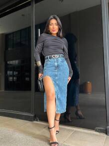 Midi Denim Skirt With Slit Women's Long Midi Skirt High Waist Slit Design One-Sided Thigh Split - Rửa trung bình - Xem 2