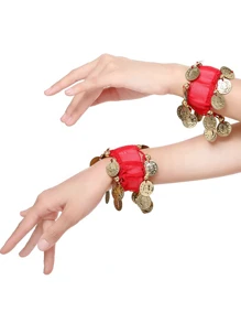 2 件响亮而充满活力的肚皮舞硬币手链、舞蹈服装配饰、肚皮舞珠宝手链、舞蹈比赛硬币手镯、舞蹈表演手链、珠宝手链，非常适合表演和节日 - 彩色 - 查看 15