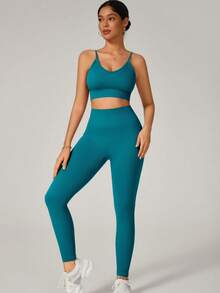 Women's Seamless High Elasticity Compression Cross Back Sports Workout Set - 綠色 - 查看 3