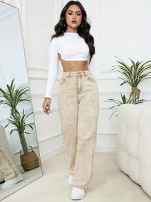 Damskie jeansy casualowe z nadrukiem tie-dye i luźnymi prostymi nogawkami