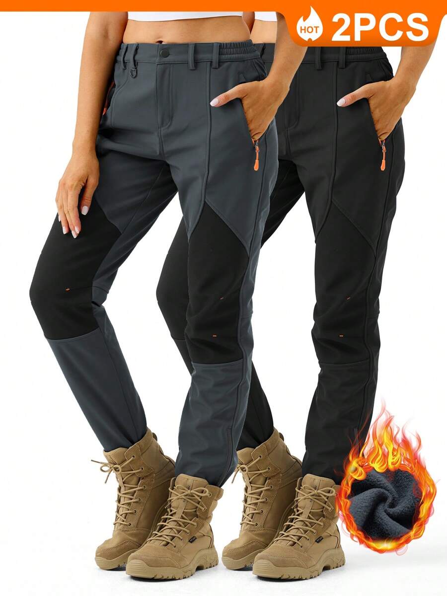 2 Pack Women's Snow Ski Hiking Pants Waterproof Insulated Winter Fleece Lined Pants Camping Skiing Ice Fishing Outdoor Work - 黑色-深灰色 - 查看 1